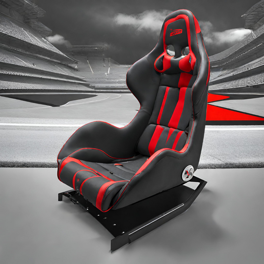 A red and black coloured racing seat manufactured by Virtual Racing Hub 